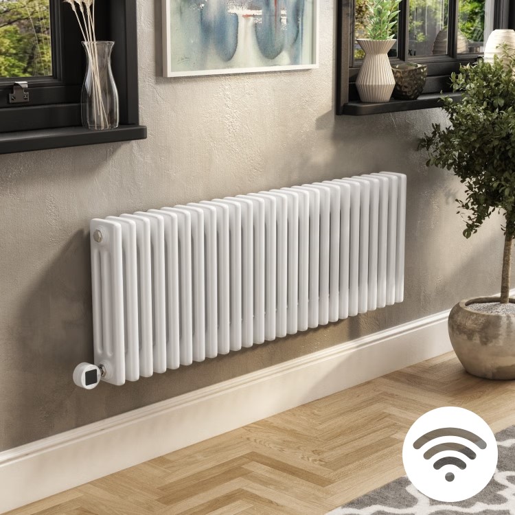 White Electric Horizontal Column Radiator 1.2kW with Wi-Fi Thermostat - H400xW1190mm - IPX4 Bathroom Safe