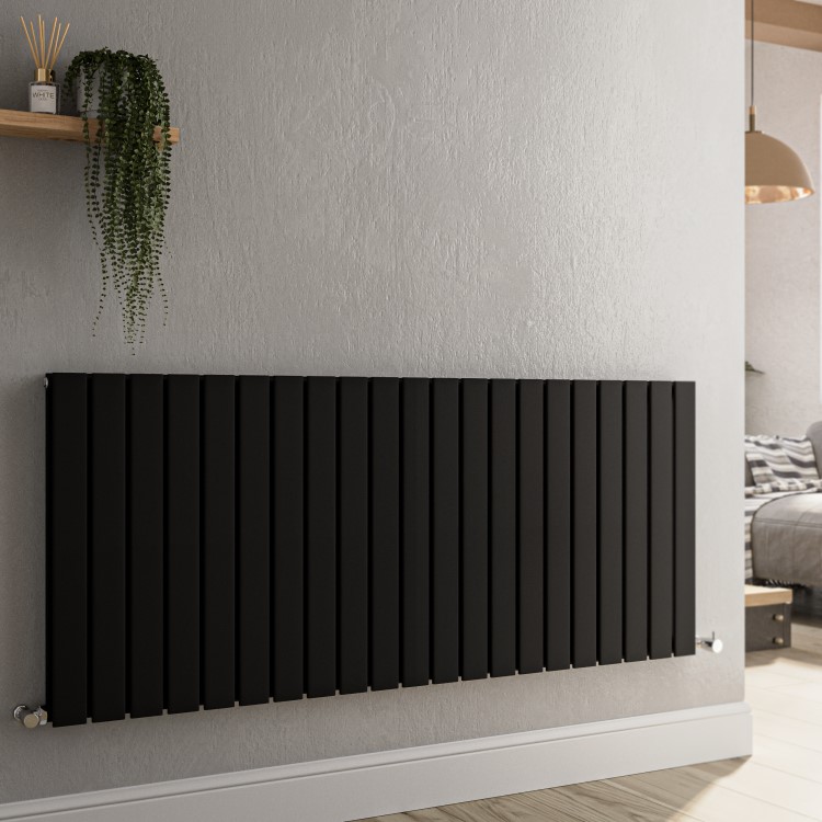 Riace Midnight Black Horizontal Flat Designer Radiator 600x1428mm Double Panel 5398 BTU