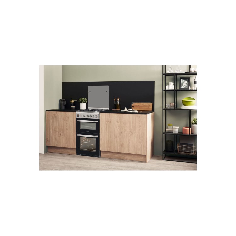 Hotpoint 50cm Double Cavity Gas Cooker with Lid - Stainless Steel