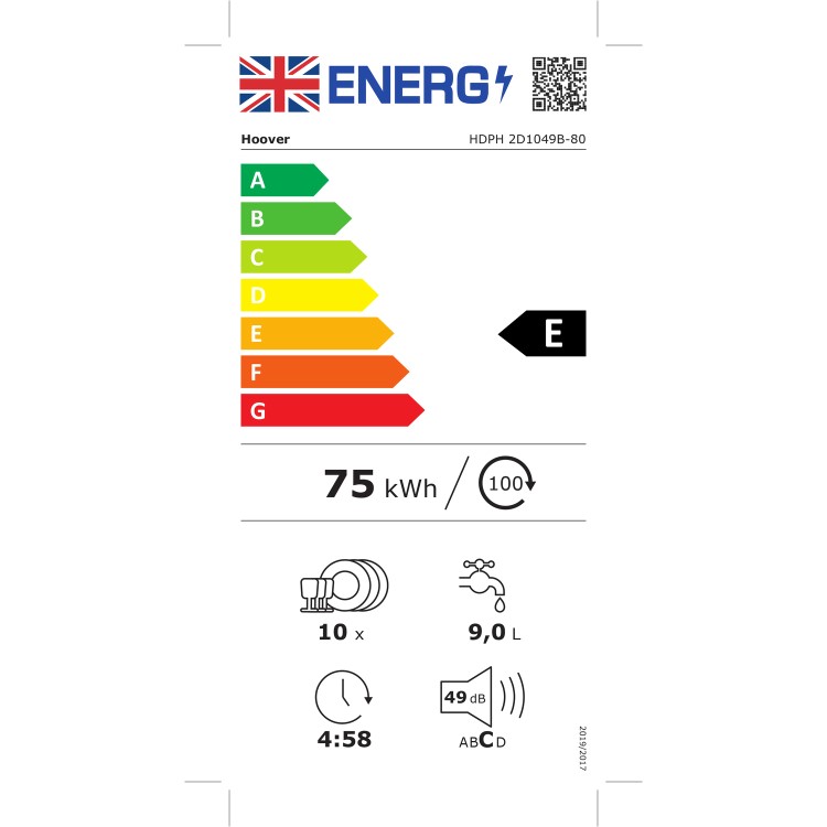 Refurbished Hoover H-Dish 500 HDPH2D1049B-80 10 Place Freestanding Slimline Dishwasher Black