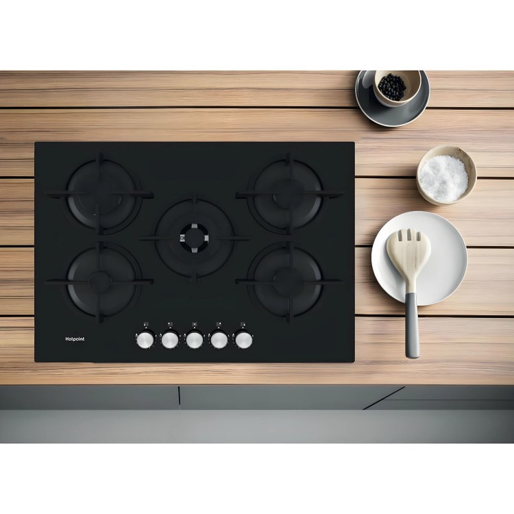 Hotpoint 73cm 5 Burner Gas Hob - Black Glass