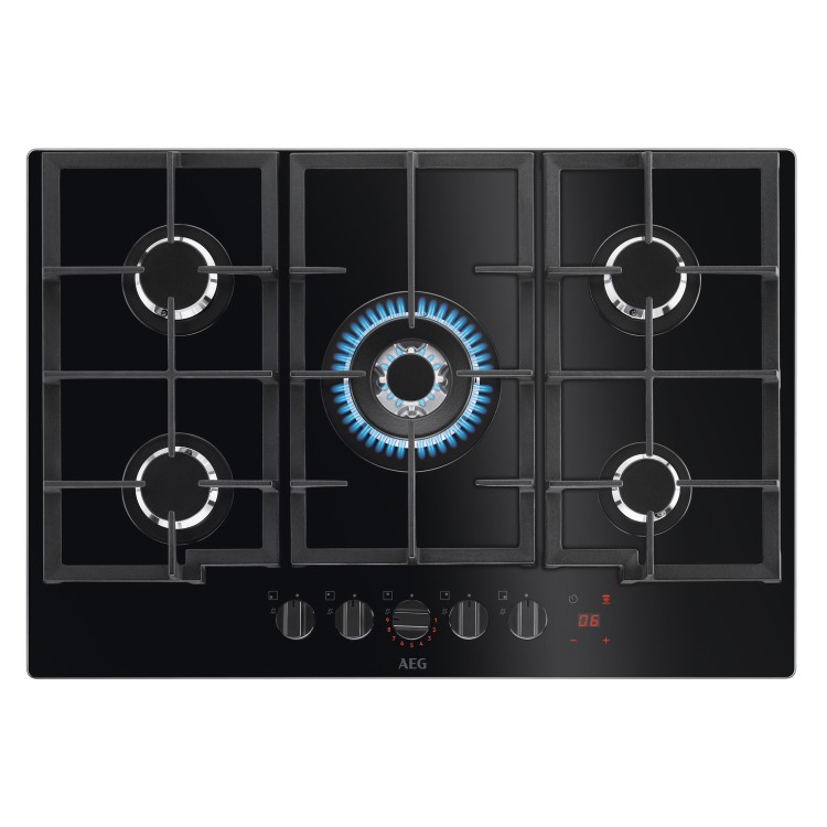 Refurbished AEG 8000 Series HKB75450NB 74cm 5 Burner Gas-on-Glass Hob with Hob2Hood Black