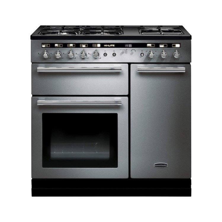 Rangemaster 102600 Hi Lite 90cm Wide Dual Fuel Range Cooker Stainless Steel And Chrome