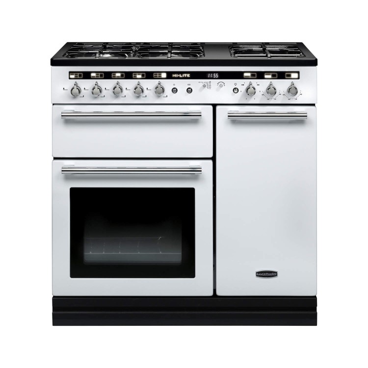 Rangemaster 102610 Hi Lite 90cm Wide Dual Fuel Range Cooker White And Chrome