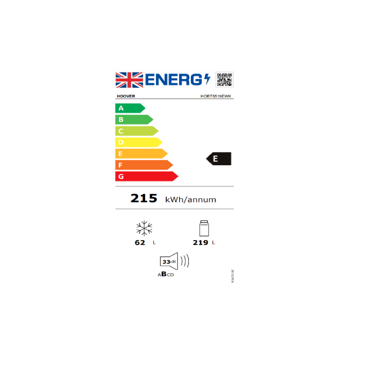 Refurbished Hoover HOBT5519EWK-1 Integrated 281 Litre 70/30 Frost Free Fridge Freezer White