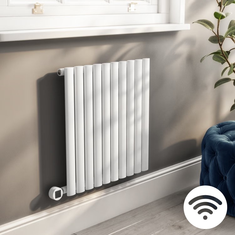 White Electric Horizontal Designer Radiator 0.6kW with Wi-Fi Thermostat - H600xW590mm - IPX4 Bathroom Safe