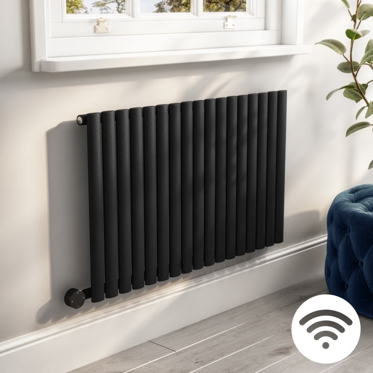 Midnight Black Electric Horizontal Designer Radiator 1.2kW with Wi-Fi Thermostat - H600xW1003mm - IPX4 Bathroom Safe