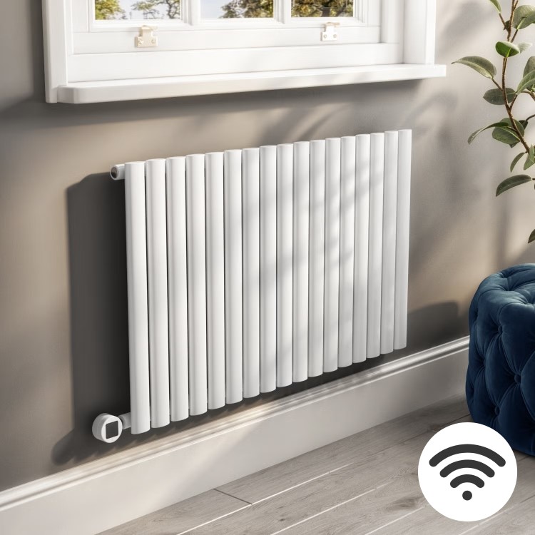 White Electric Horizontal Designer Radiator 1.2kW with Wi-Fi Thermostat - H600xW1003mm - IPX4 Bathroom Safe