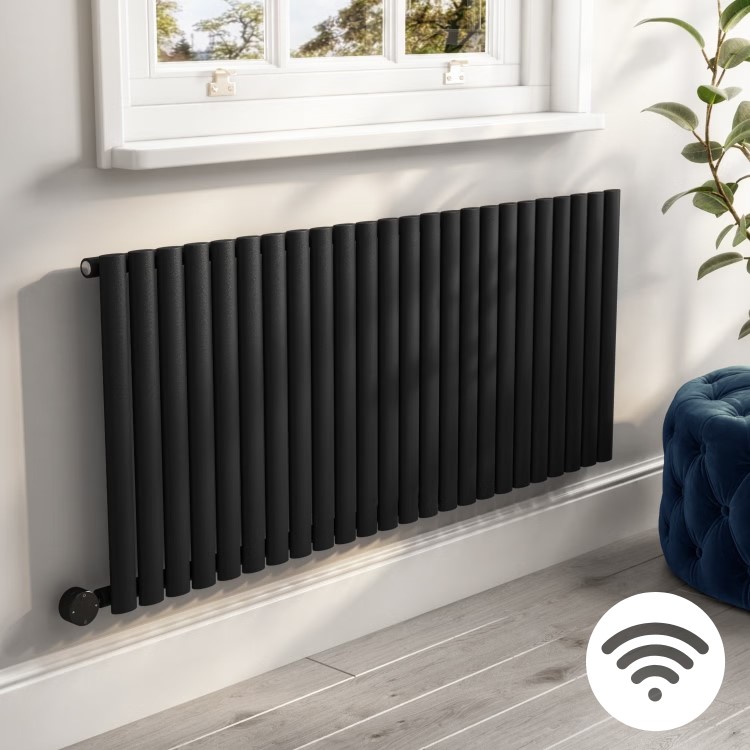 Midnight Black Electric Horizontal Designer Radiator 2kW with Wi-Fi Thermostat - H600xW1416mm - IPX4 Bathroom Safe