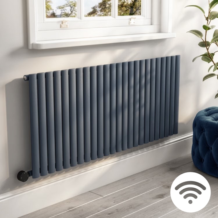 Anthracite Electric Horizontal Designer Radiator 2kW with Wi-Fi Thermostat - H600xW1416mm - IPX4 Bathroom Safe