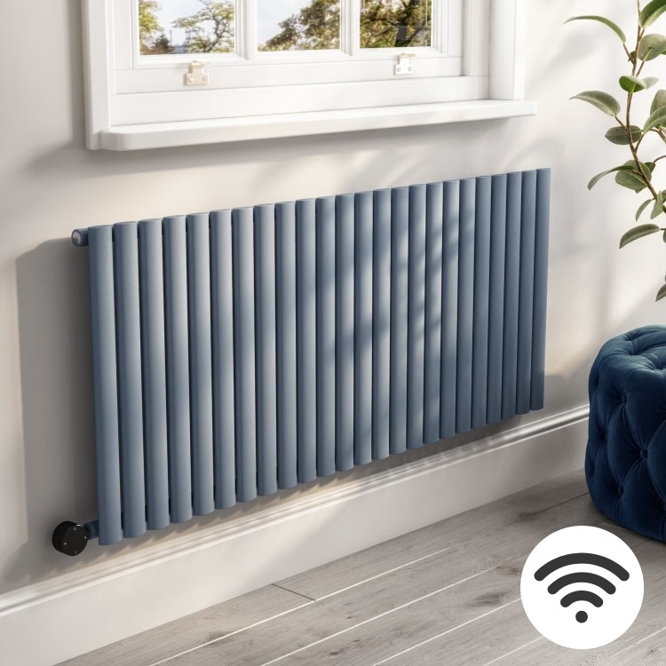 Light Grey Electric Horizontal Designer Radiator 2kW with Wi-Fi Thermostat - H600xW1416mm - IPX4 Bathroom Safe