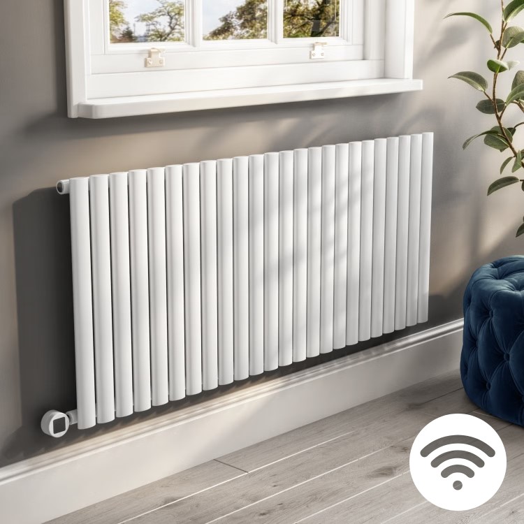 White Electric Horizontal Designer Radiator 2kW with Wi-Fi Thermostat - H600xW1416mm - IPX4 Bathroom Safe