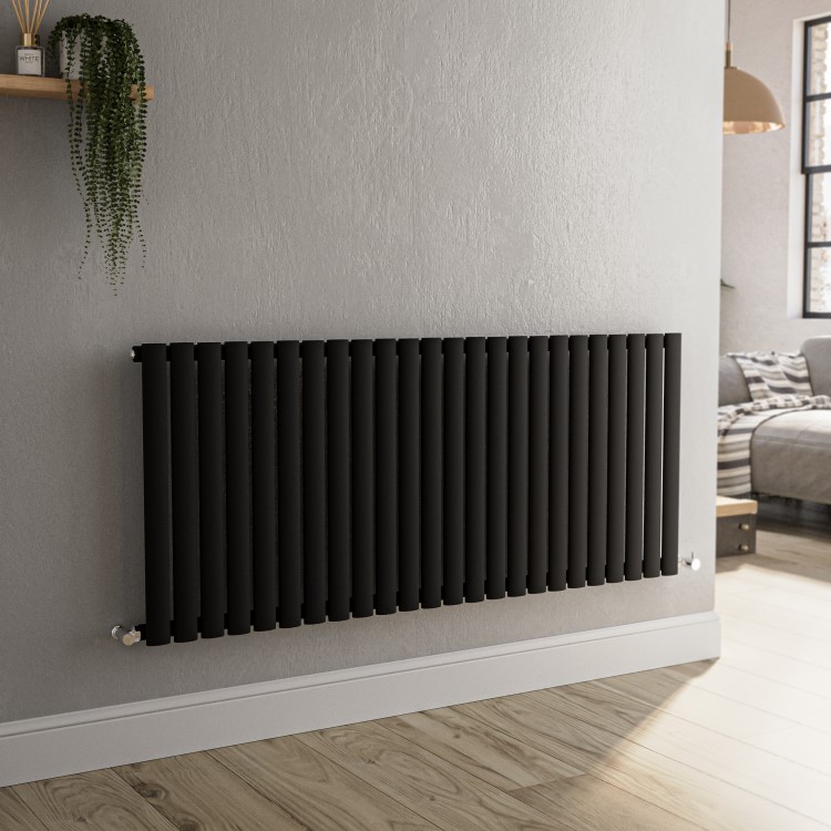 Sorrento Midnight Black Horizontal Oval Designer Radiator 600x1416mm Single Panel 3783 BTU