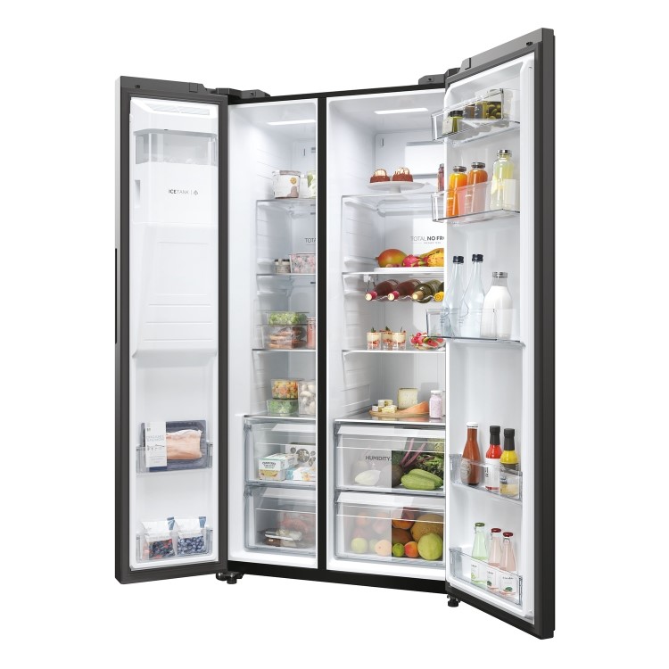 Refurbished Haier SBS 90 Series 5 HSW59F18EIPT Freestanding 601 Litre Frost Free	American Fridge Freezer Black