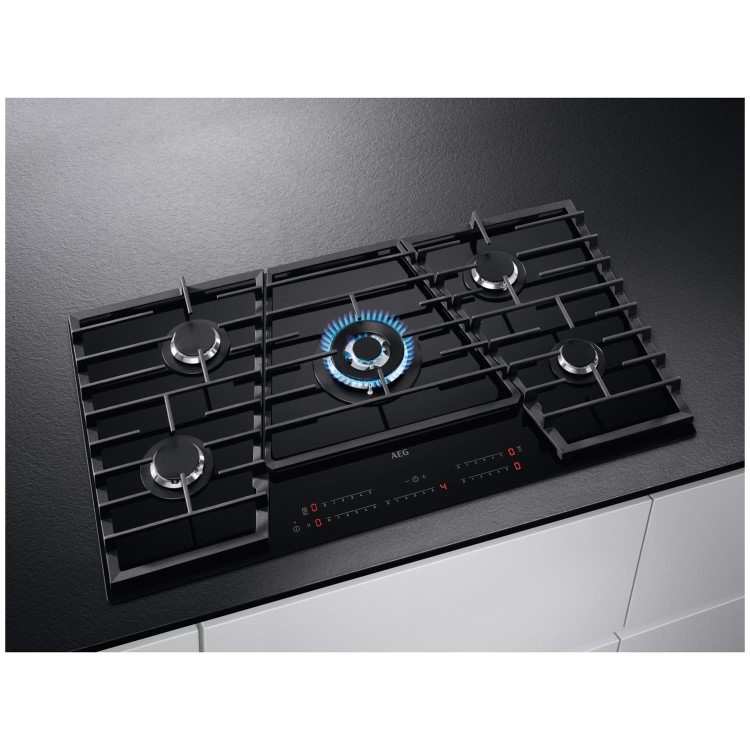 Refurbished AEG HVB95450IB 90cm 5 Burner Gas-on-Glass Hob with Touch Control Black