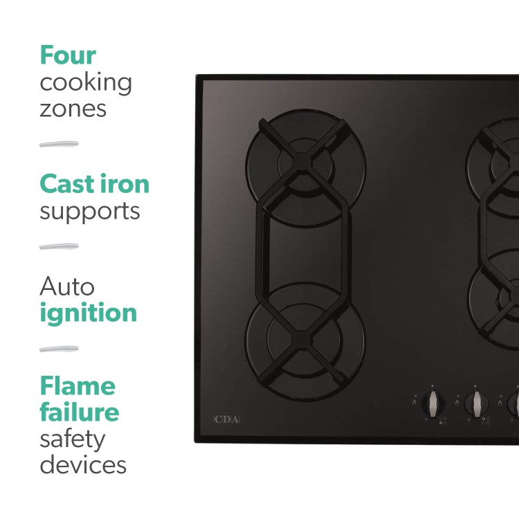 CDA HVG620BL 60cm Four Burner Gas-on-glass Hob Black