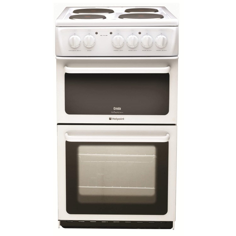 Hotpoint HW170EWS 50cm Wide Double Cavity Electric Cooker With Solid Plate Hob - White