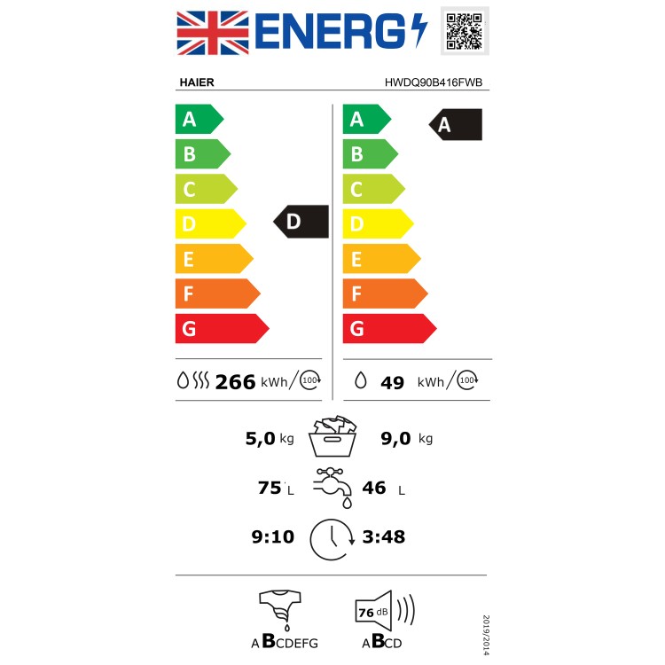 Refurbished Haier Series 4 HWDQ90B416FWB-UK Integrated 9/5KG 1600 Spin Washer Dryer White