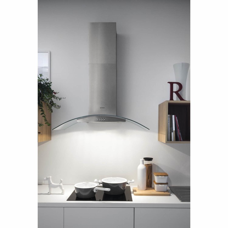 Indesit 60cm Curved Glass Chimney Cooker Hood - Stainless Steel