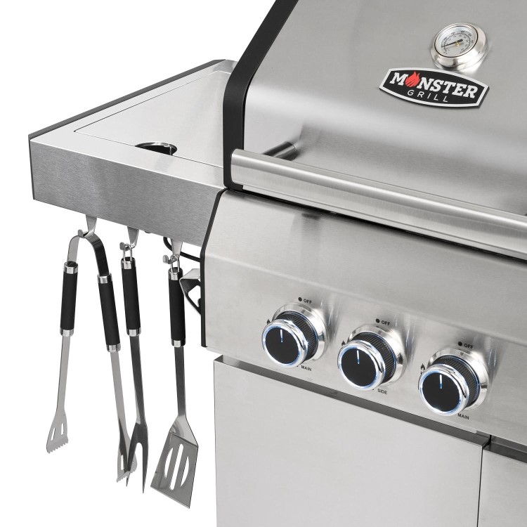 Monster Grill Double Header 4 Burner Gas BBQ Grill with Side Burner - Stainless Steel