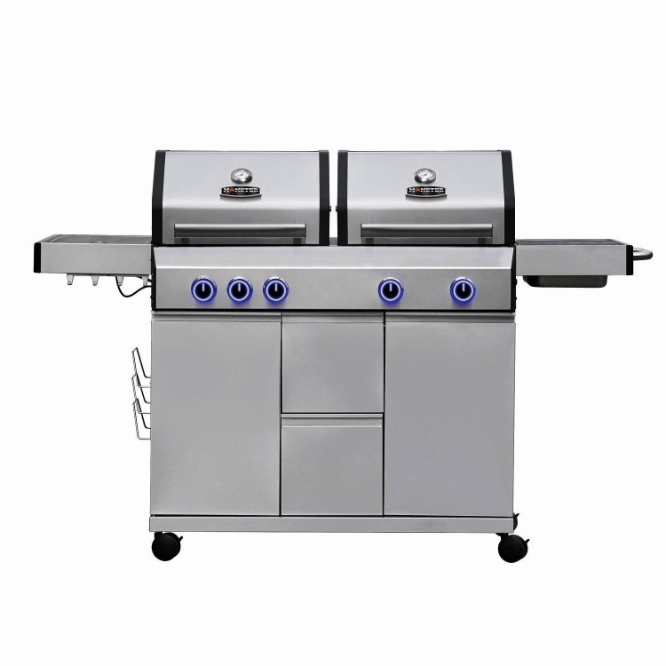 Monster Grill Double Header 4 Burner Gas BBQ Grill with Side Burner - Stainless Steel