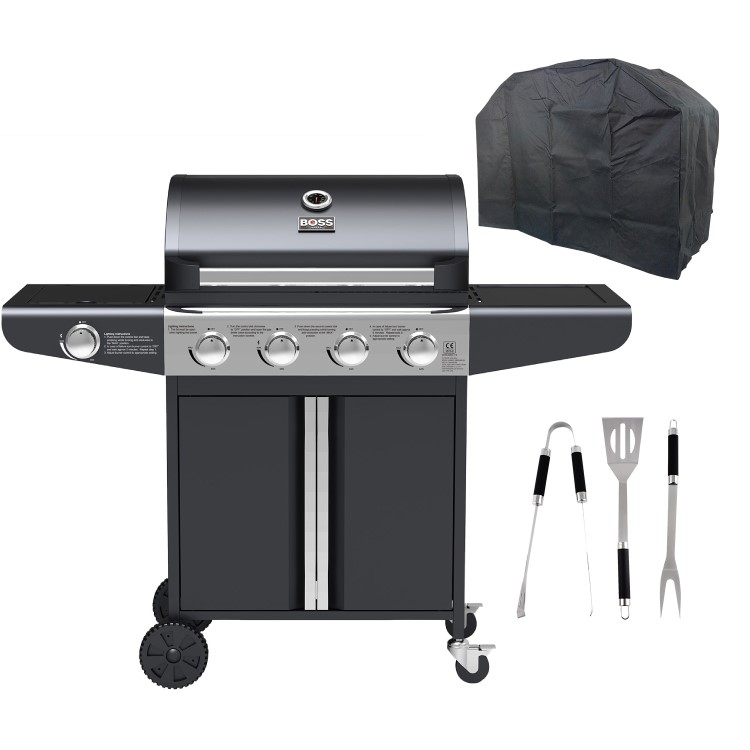 Boss Grill Kentucky Premium - 4 Burner Gas BBQ Grill with Side Burner - Black