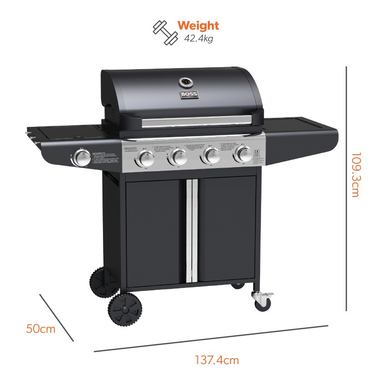 Refurbished Boss Grill Kentucky Premium 4 Burner Gas BBQ Grill with Side Burner - Black