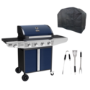 Boss Grill Kentucky Premium - 4 Burner Gas BBQ Grill with Side Burner - Blue