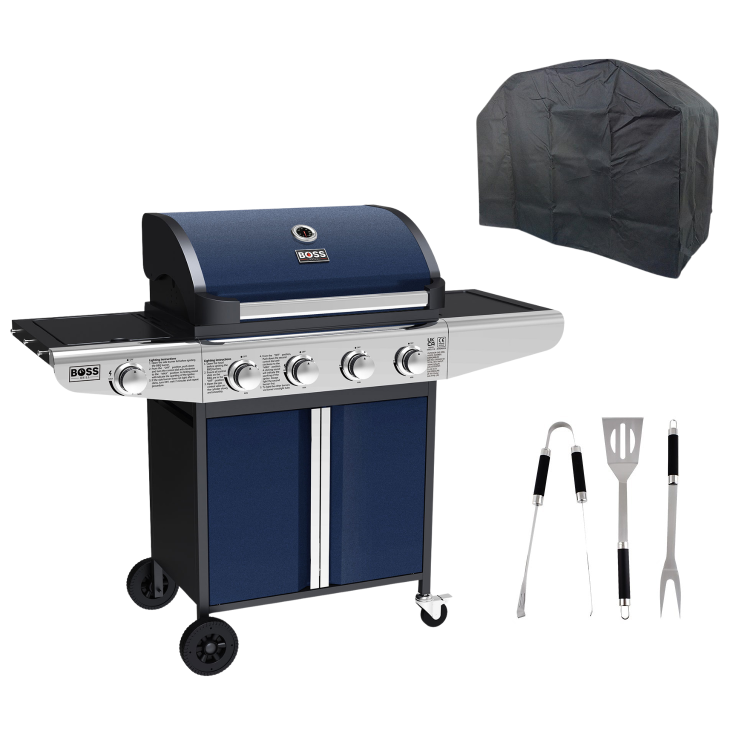 Boss Grill Kentucky Premium - 4 Burner Gas BBQ Grill with Side Burner - Blue