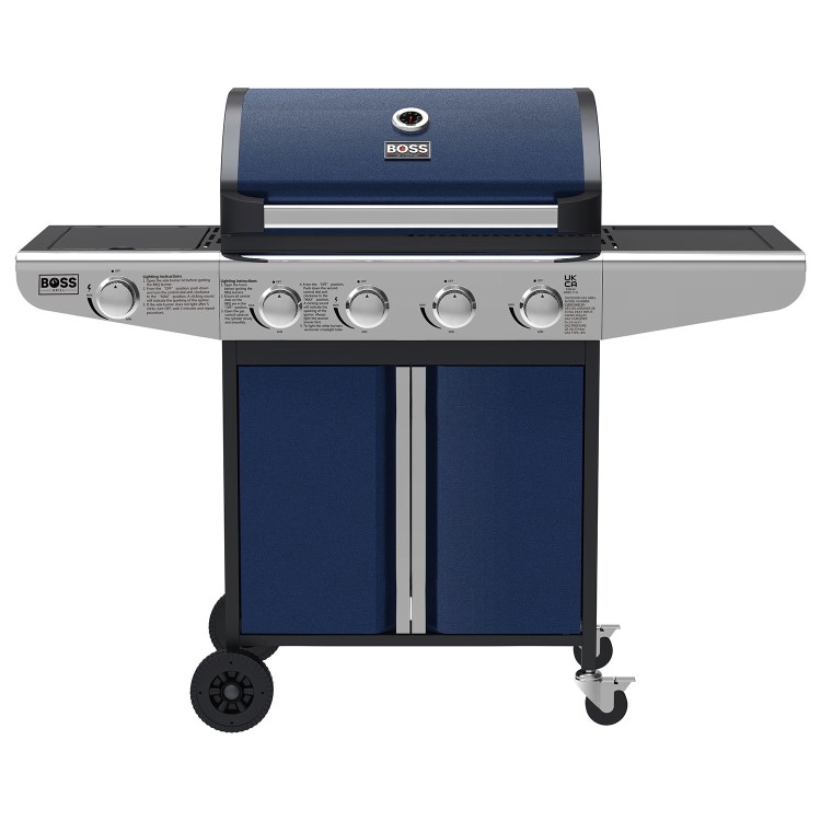 Boss Grill Kentucky Premium - 4 Burner Gas BBQ Grill with Side Burner - Blue