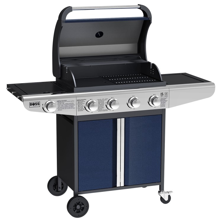 Boss Grill Kentucky Premium - 4 Burner Gas BBQ Grill with Side Burner - Blue