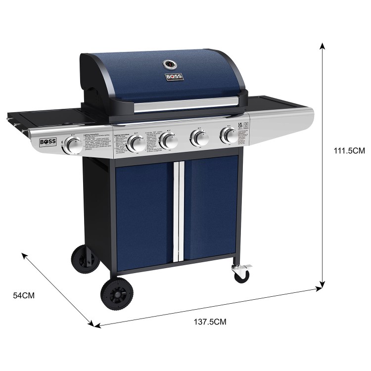 Boss Grill Kentucky Premium - 4 Burner Gas BBQ Grill with Side Burner - Blue