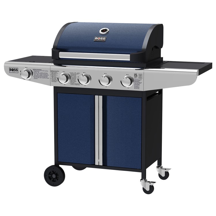 Boss Grill Kentucky Premium - 4 Burner Gas BBQ Grill with Side Burner - Blue