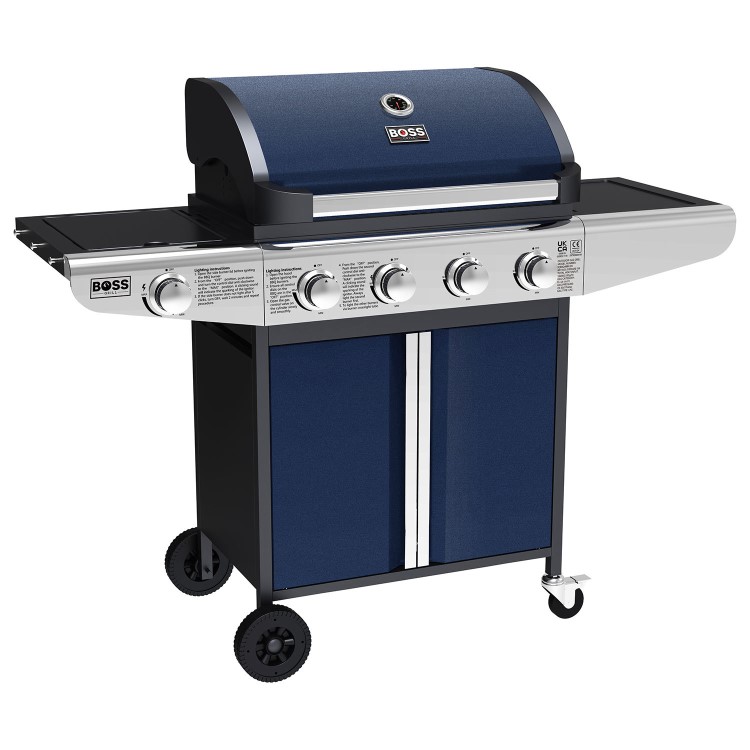 Boss Grill Kentucky Premium - 4 Burner Gas BBQ Grill with Side Burner - Blue