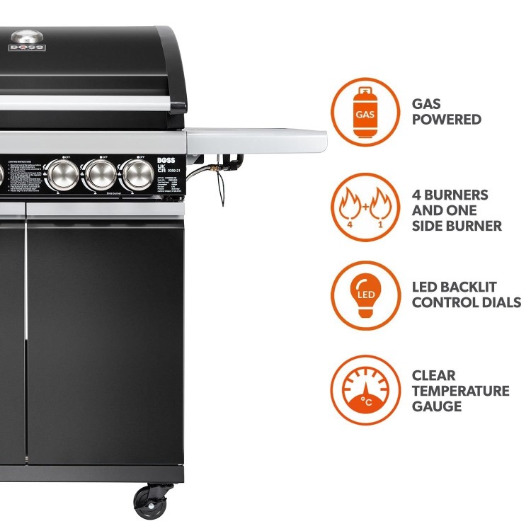 Boss Grill Alabama Elite - 4 Burner Gas BBQ Grill with Side Burner - Black