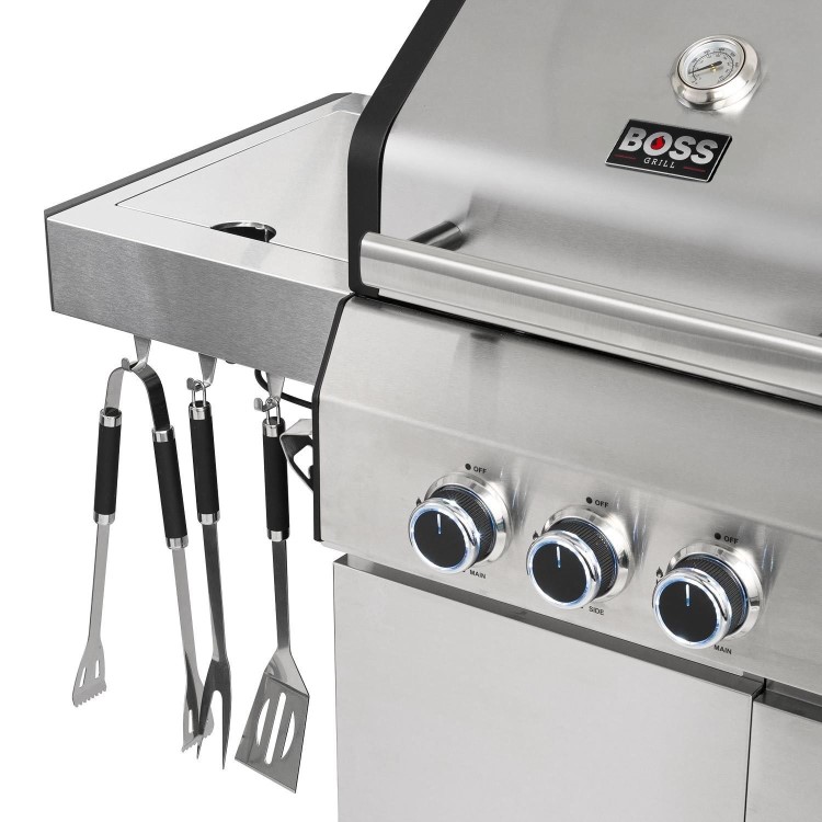 Boss Grill Double Header 4 Burner Gas BBQ Grill with Side Burner - Stainless Steel