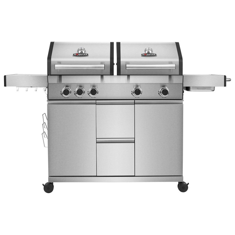 Monster Grill Double Header 4 Burner Gas BBQ Grill with Side Burner - Stainless Steel