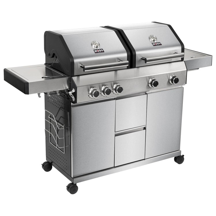 Boss Grill Double Header 4 Burner Gas BBQ Grill with Side Burner - Stainless Steel