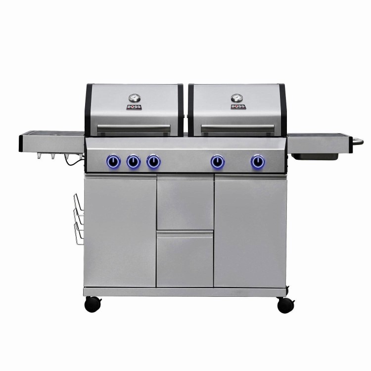 Boss Grill Double Header 4 Burner Gas BBQ Grill with Side Burner - Stainless Steel