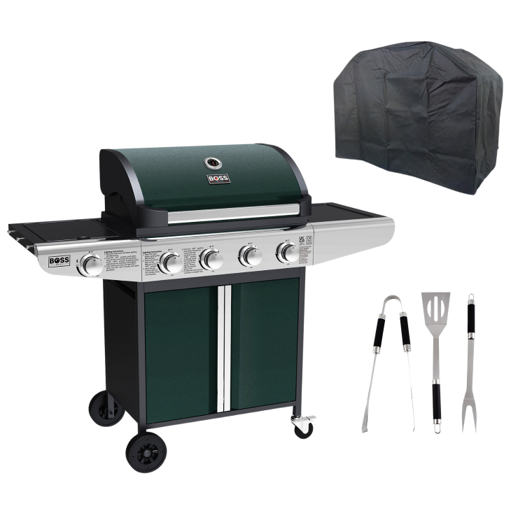 Boss Grill Kentucky Premium - 4 Burner Gas BBQ Grill with Side Burner - Green