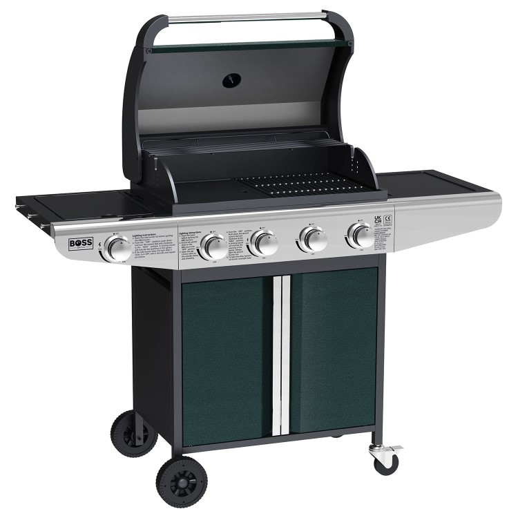 Boss Grill Kentucky Premium - 4 Burner Gas BBQ Grill with Side Burner - Green