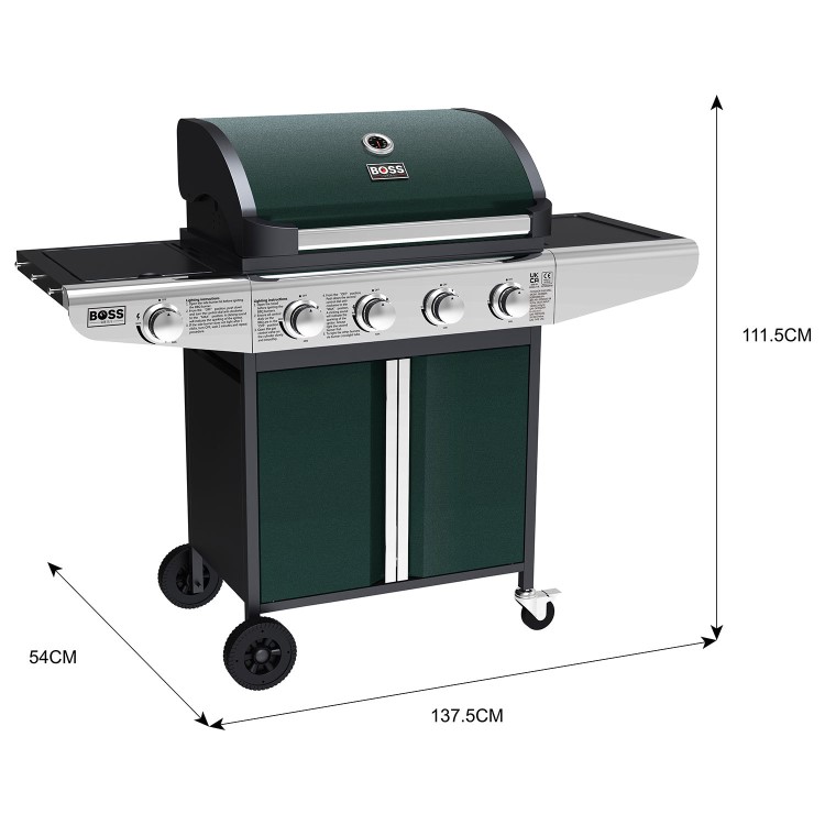 Boss Grill Kentucky Premium - 4 Burner Gas BBQ Grill with Side Burner - Green