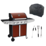 Boss Grill Kentucky Premium - 4 Burner Gas BBQ Grill with Side Burner - Red