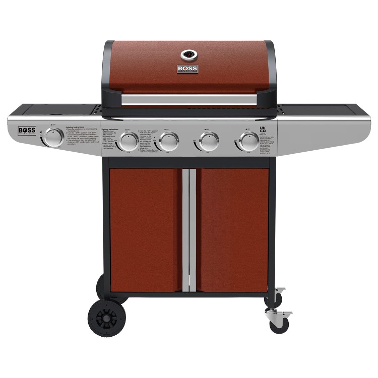 Boss Grill Kentucky Premium - 4 Burner Gas BBQ Grill with Side Burner - Red