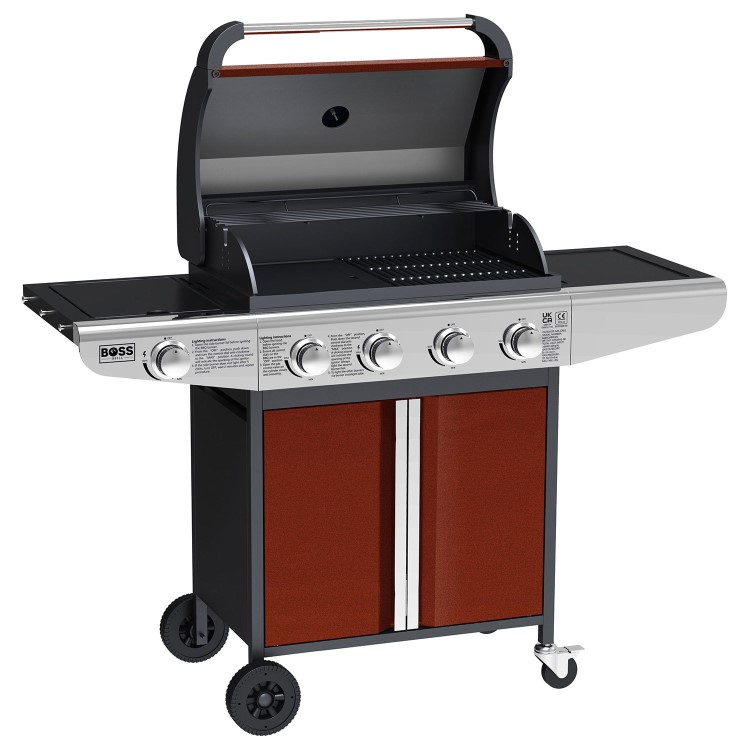 Boss Grill Kentucky Premium - 4 Burner Gas BBQ Grill with Side Burner - Red