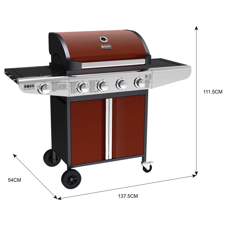 Boss Grill Kentucky Premium - 4 Burner Gas BBQ Grill with Side Burner - Red