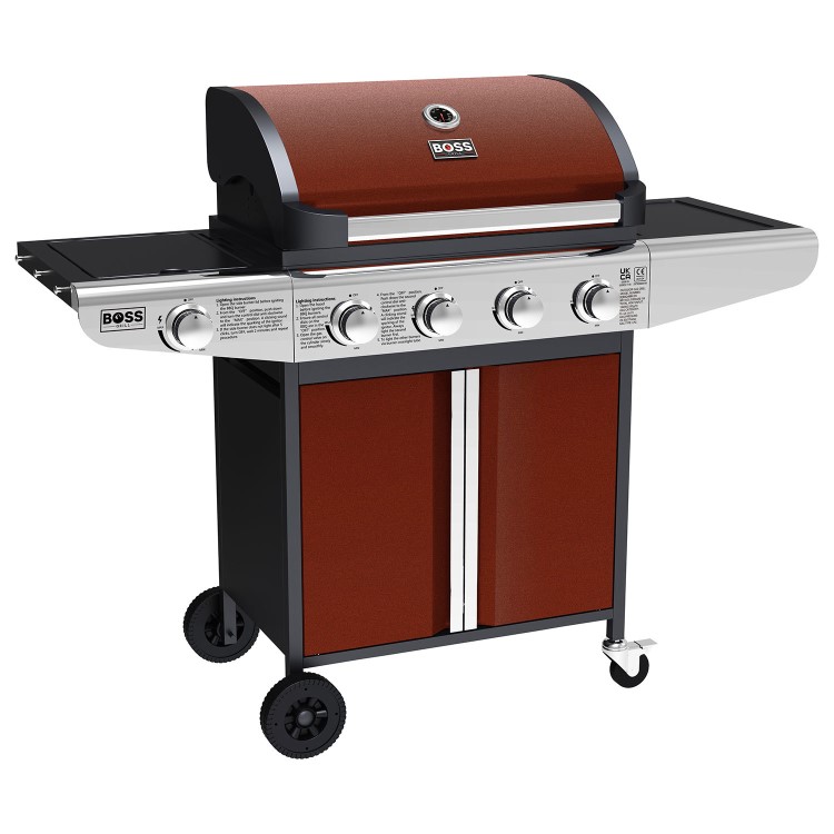 Boss Grill Kentucky Premium - 4 Burner Gas BBQ Grill with Side Burner - Red