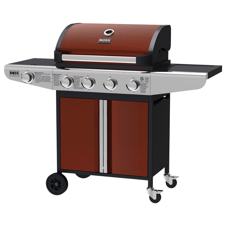 Boss Grill Kentucky Premium - 4 Burner Gas BBQ Grill with Side Burner - Red