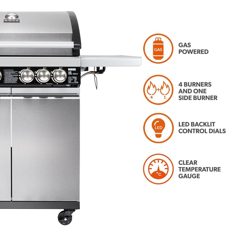 Boss Grill Alabama Elite - 4 Burner Gas BBQ with Side Burner - Stainless Steel 