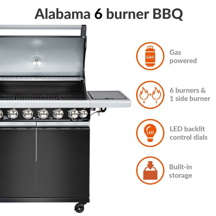 Boss Grill Alabama Elite - 6 Burner Gas BBQ Grill with Side Burner - Black